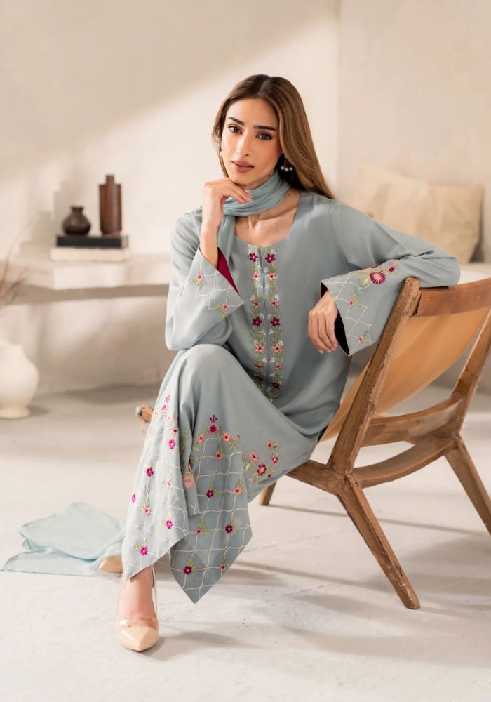 Mist Blue Embroidered Chanderi Silk Kurta Set with Chinon Dupatta