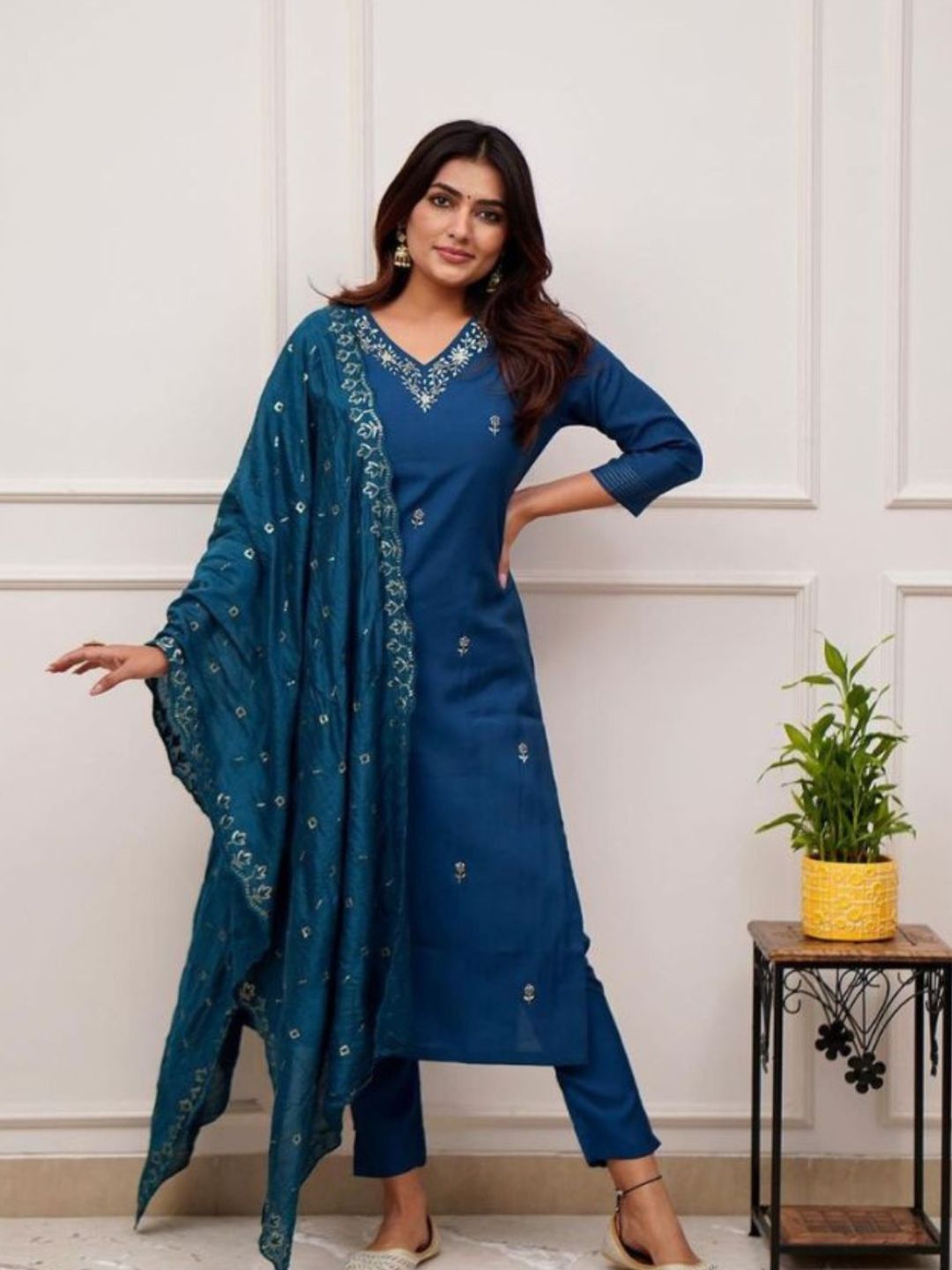 Women Teal Blue Embroidered Viscose Chanderi Kurta Pant Set with Embroidered Dupatta