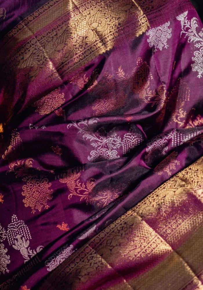 Elegant Wine Banarasi Satin Silk Saree with Golden Zari Woven Border