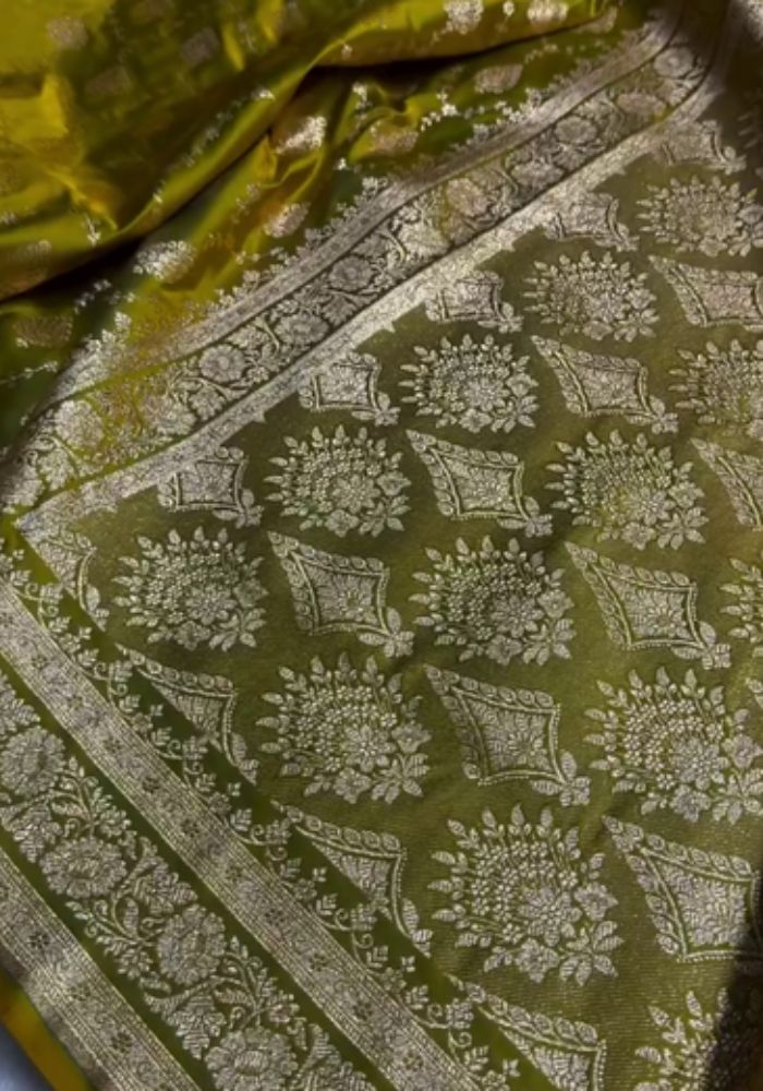 Zarina - Green Banarasi Satin Silk Saree with Golden Zari Weaving