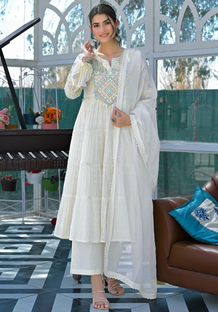 White Embroidered Flex Cotton Kurta Set with Cota Checks Dupatta for Women