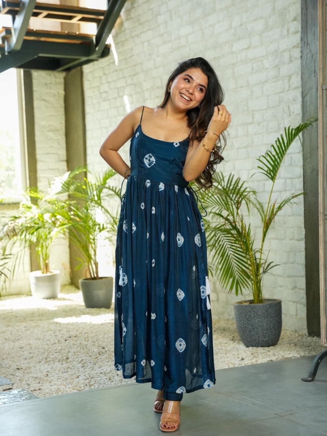 Navy Blue Printed Taby Silk Nyra Cut Kurta Set