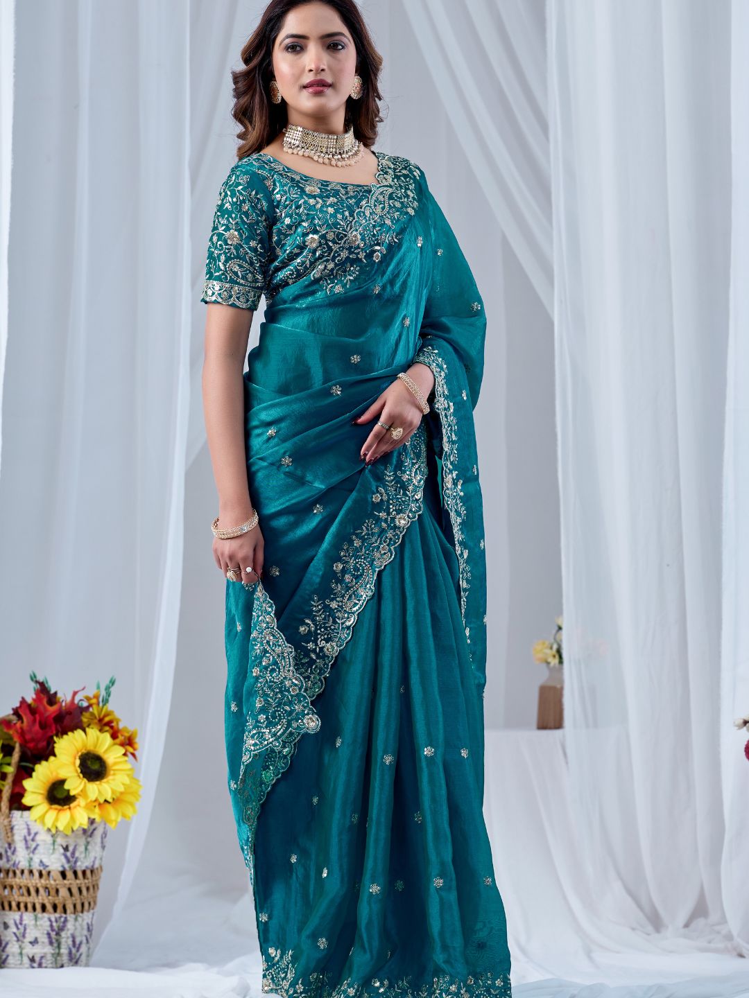 Teal Blue Embroidered Silk Saree with Designer Blouse