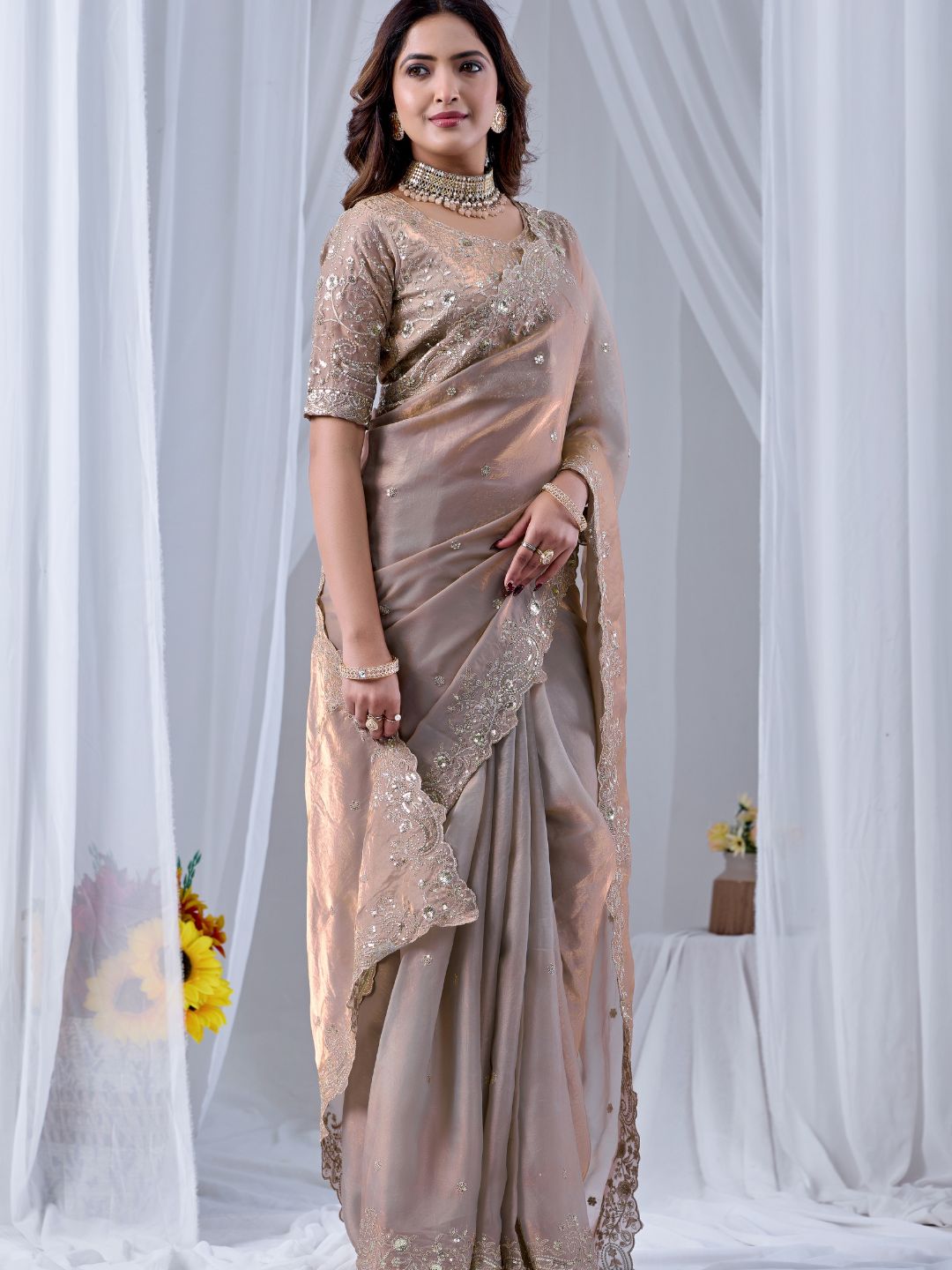 Champagne Beige Embroidered Silk Saree with Designer Blouse