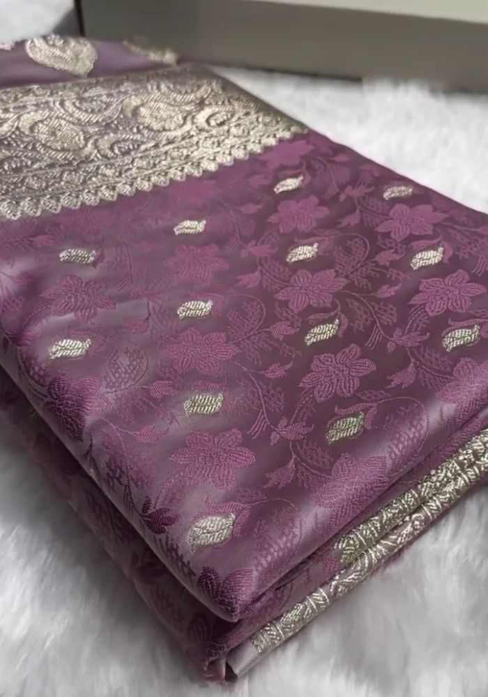 Magenta Banarasi Satin Saree with Golden Zari Floral Motifs & Temple Border