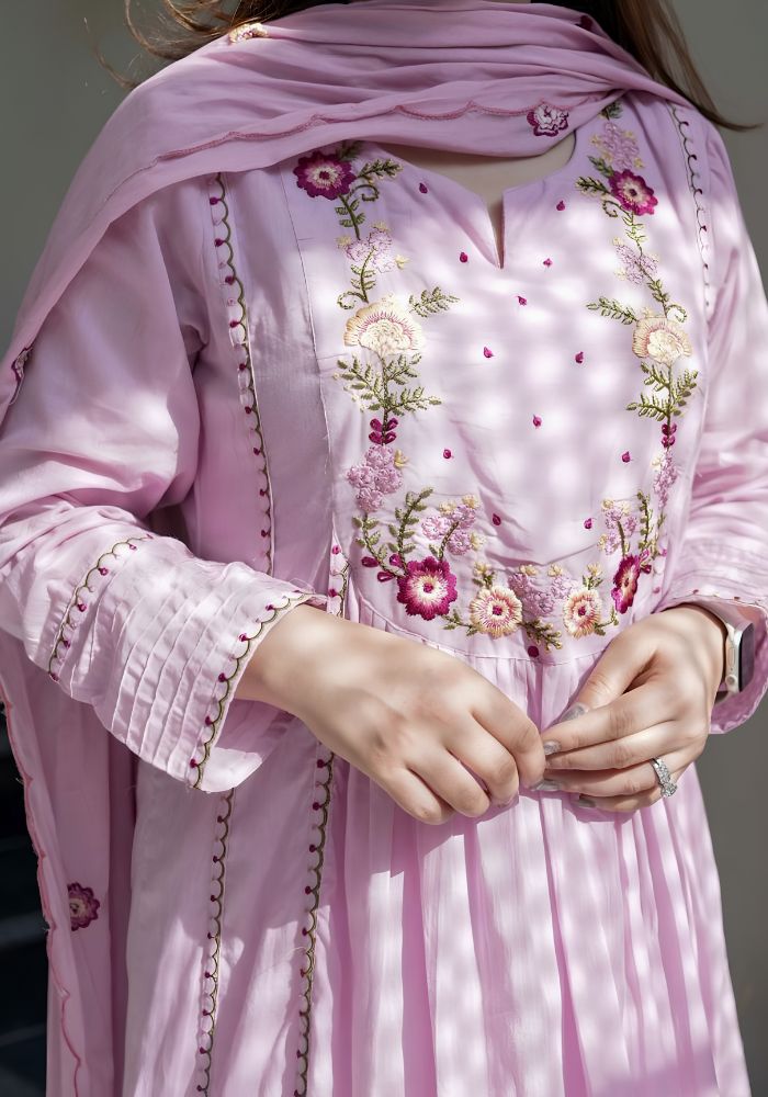 Lavender Embroidered Chanderi Silk Anarkali Kurta Set with Organza Dupatta