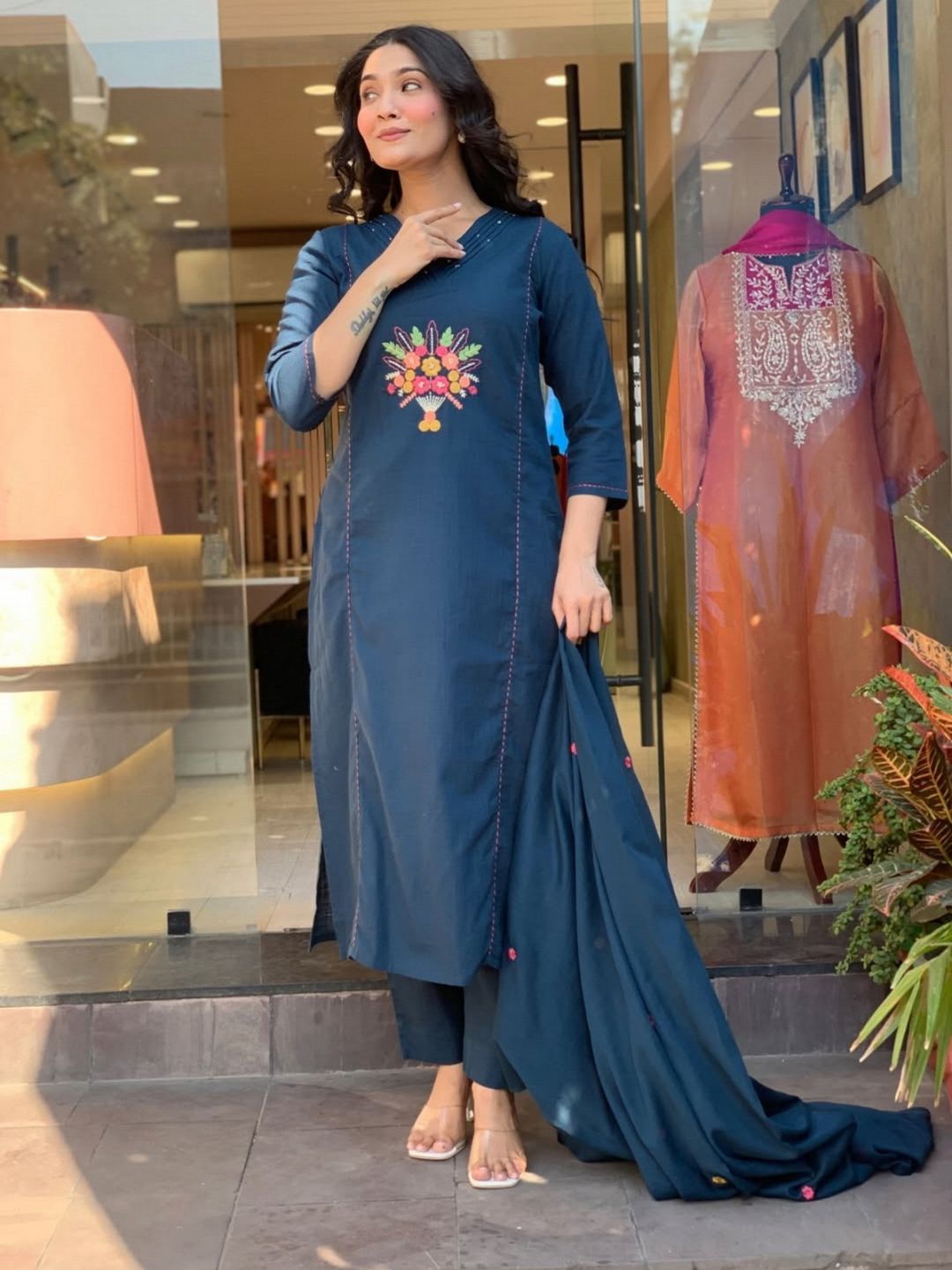 Teal Blue Embroidered Rayon Slub Kurta Set with Chanderi Cotton Dupatta