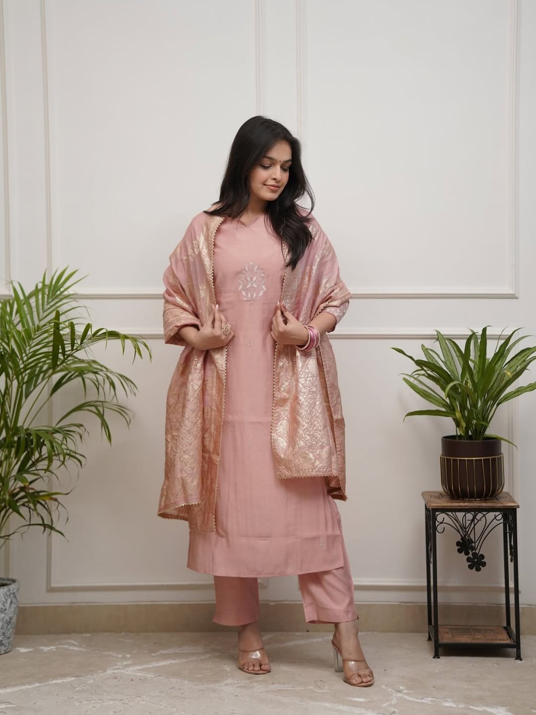 Women Blush Peach Embroidered PV Chanderi Kurta Pant Set with Jacquard Woven Cotton Dupatta