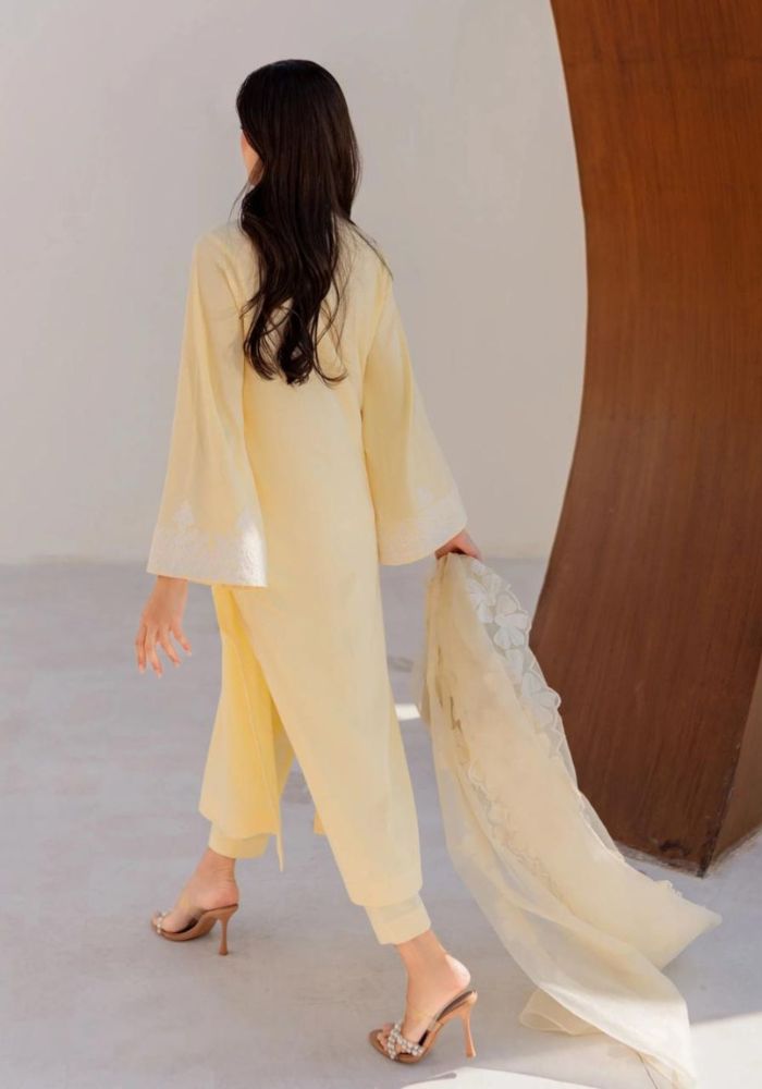 Pastel Yellow Embroidered Chanderi Silk Kurta Set with Organza Dupatta for Women