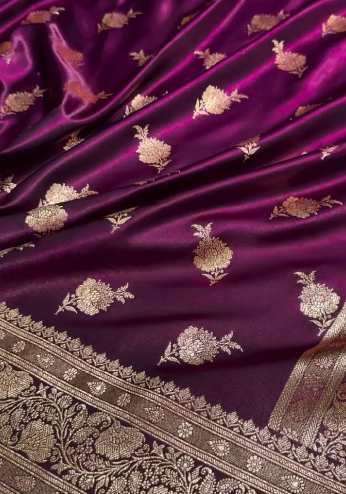 Wine Banarasi Satin Silk Saree with Golden Zari for Women
