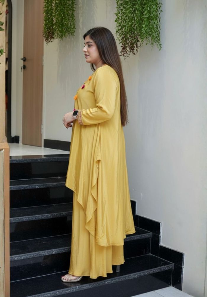 Mustard Yellow Embroidered French Crepe Kurta Palazzo Set for Women