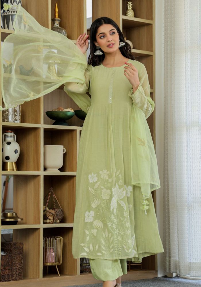 Pista Embroidered Chanderi Silk Anarkali Kurta Set with Dupatta for Women