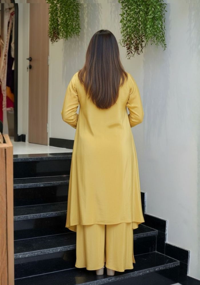 Mustard Yellow Embroidered French Crepe Kurta Palazzo Set for Women