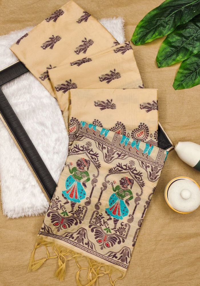 Rajasthani Art-Inspired Beige Banarasi Saree