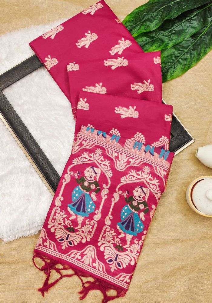 Elegant Rajasthani Art-Inspired Hot Pink Banarasi Saree