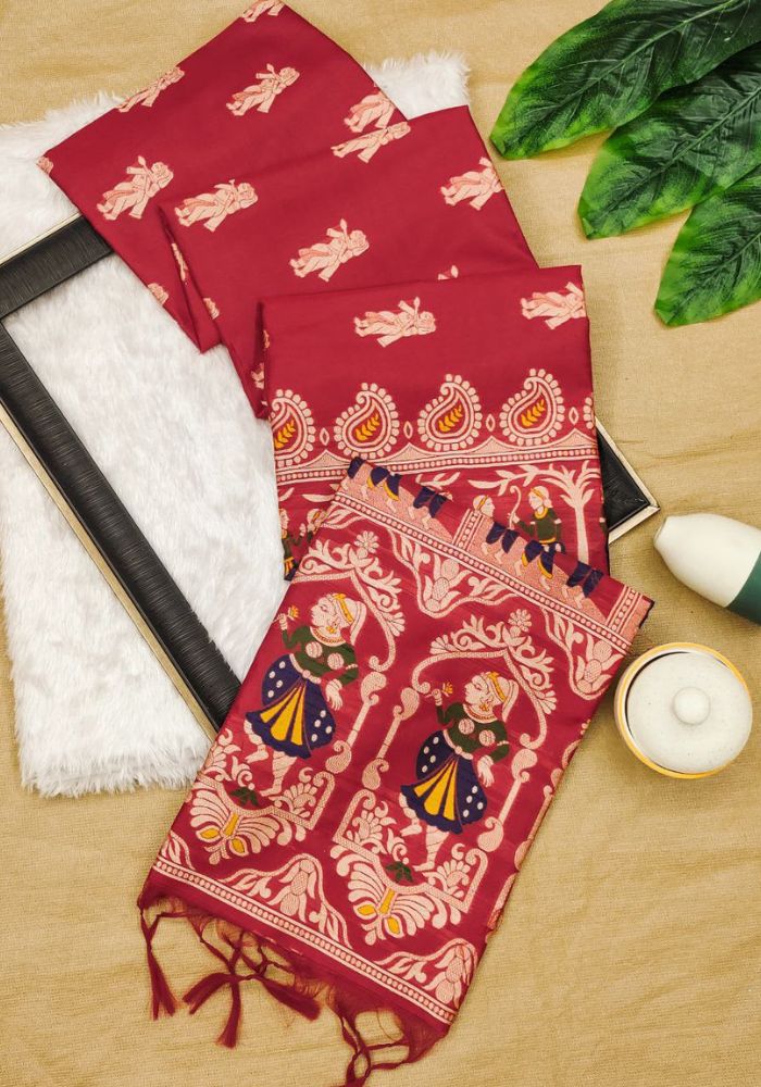 Elegant Rajasthani Art-Inspired Maroon Banarasi Saree