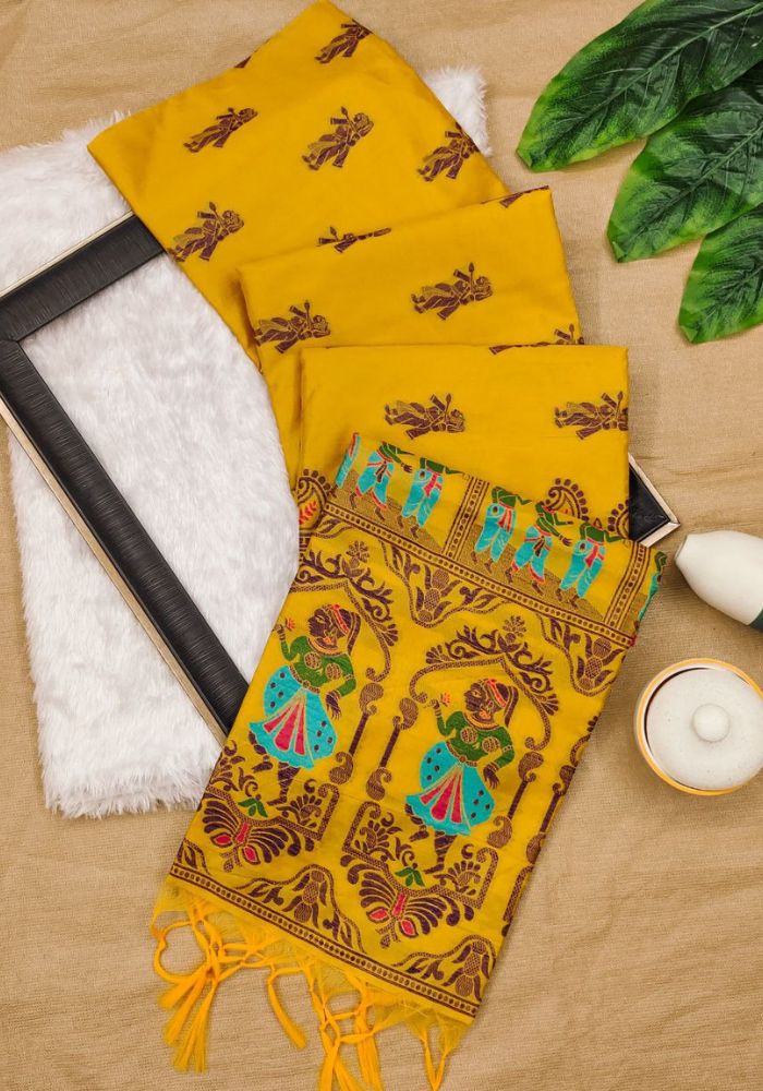 Elegant Rajasthani Art-Inspired Mustard Banarasi Saree