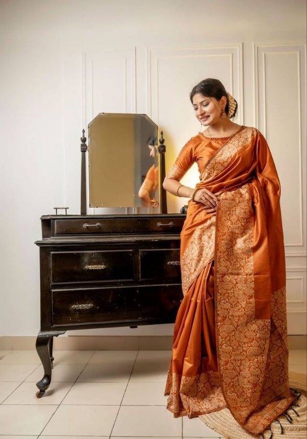 Timeless Handloom Raw Silk Saree in Oreange Weaves