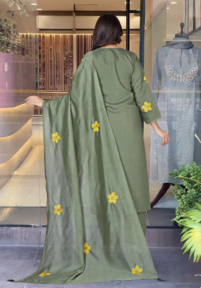 Olive Green Embroidered Chanderi Silk Kurta