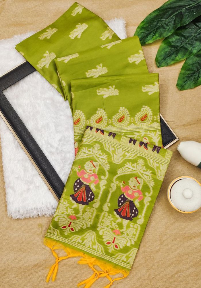 Elegant Rajasthani Art-Inspired Parrot Banarasi Saree