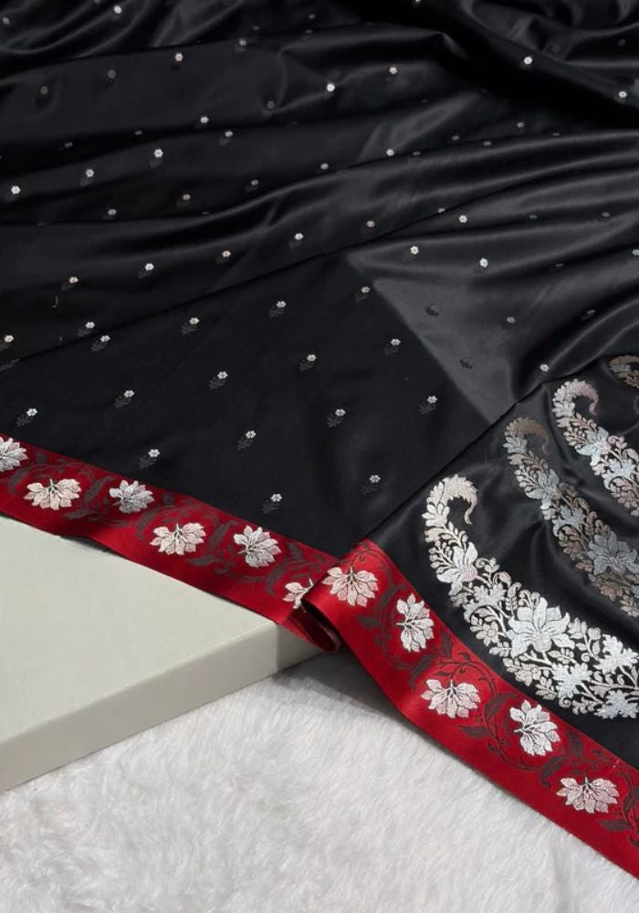 Black Banarasi Silk Saree with Silver Zari & Red Floral Border – Wedding & Party Wear