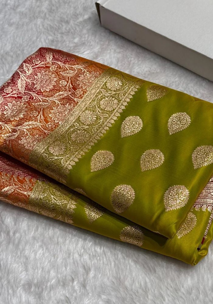 Green Banarasi Silk Saree with Gold Zari & Rich Ombre Border – Wedding & Festive Wear