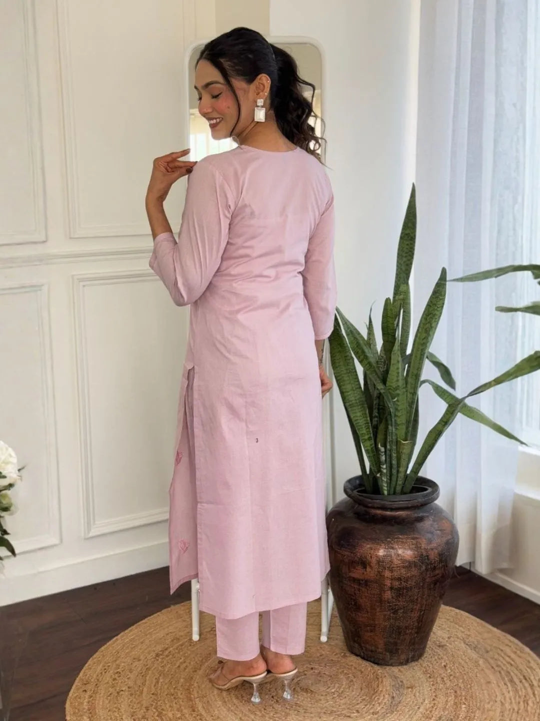 baby pink cotton embroidered kurta pant