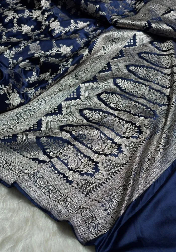 blue banarasi silk silver zari saree