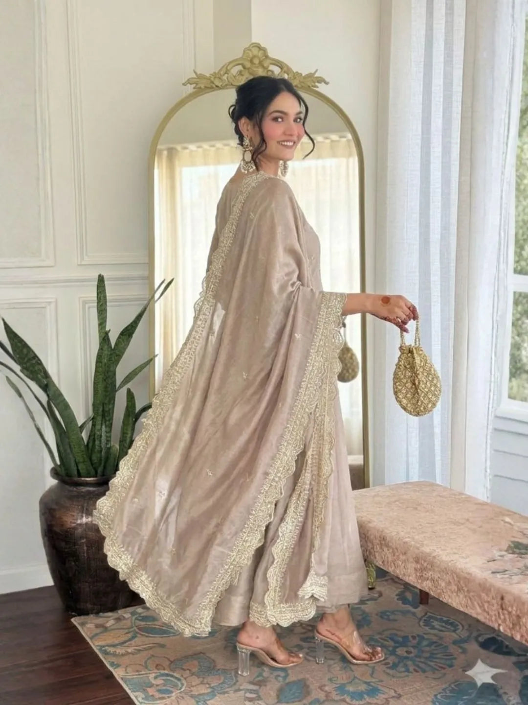 beige embroidered silk kurta set