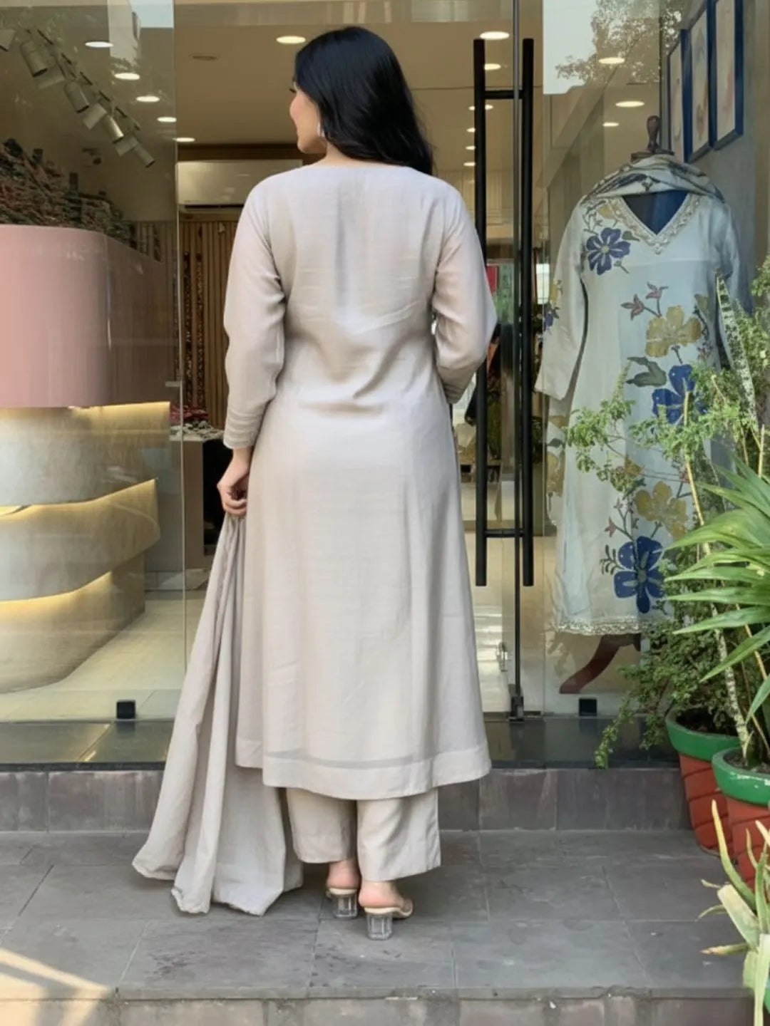 beige embroidered cotton flared kurta set