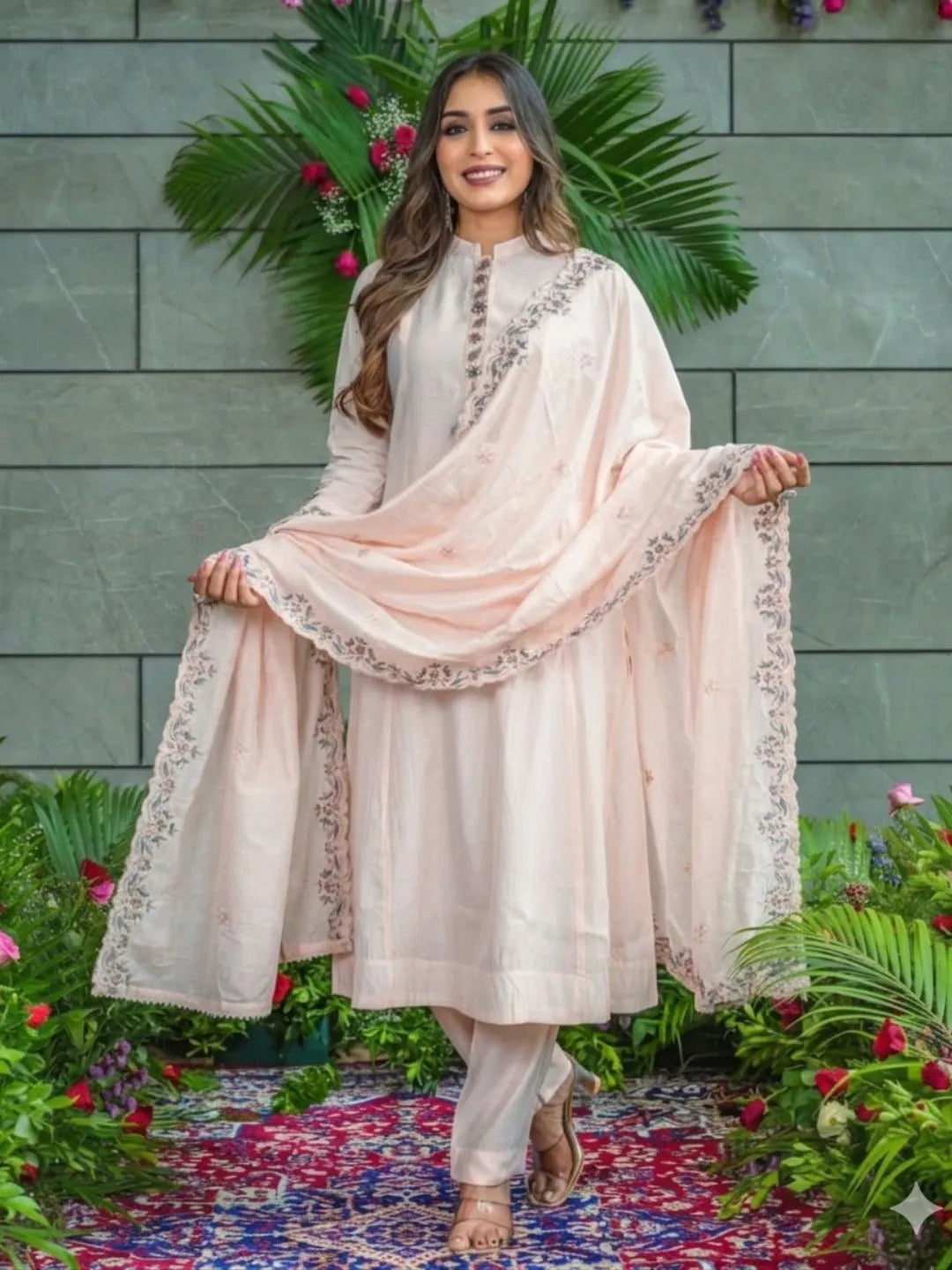beige embroidered muslin cotton kurta pant set