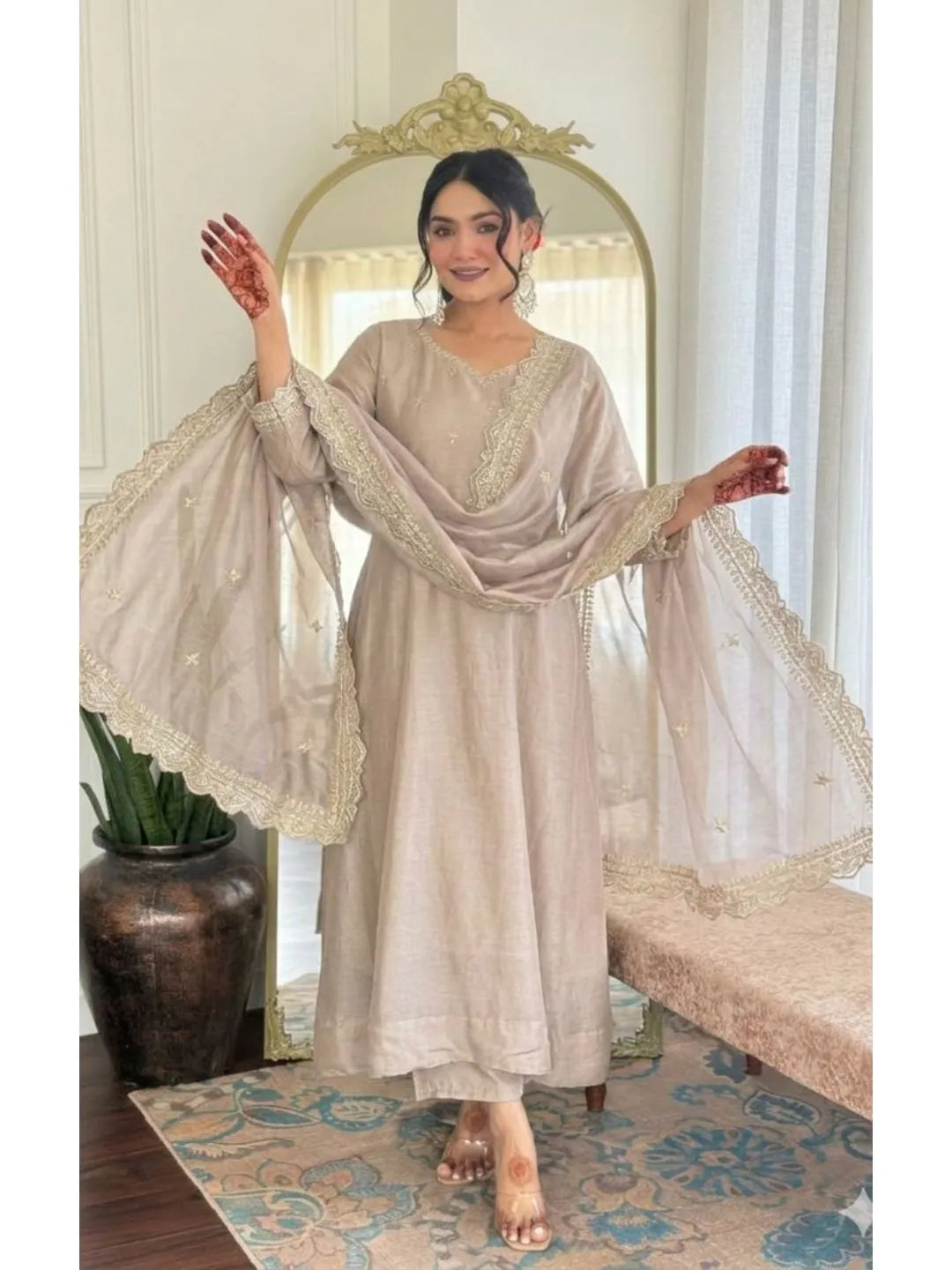 beige embroidered silk kurta set