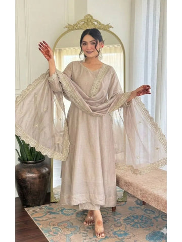 beige embroidered silk kurta set