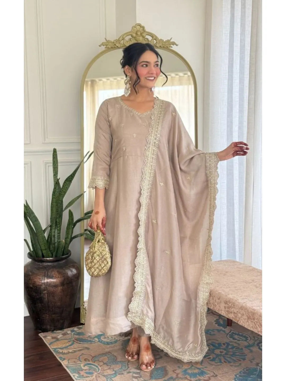 beige ethnic anarkali kurta set