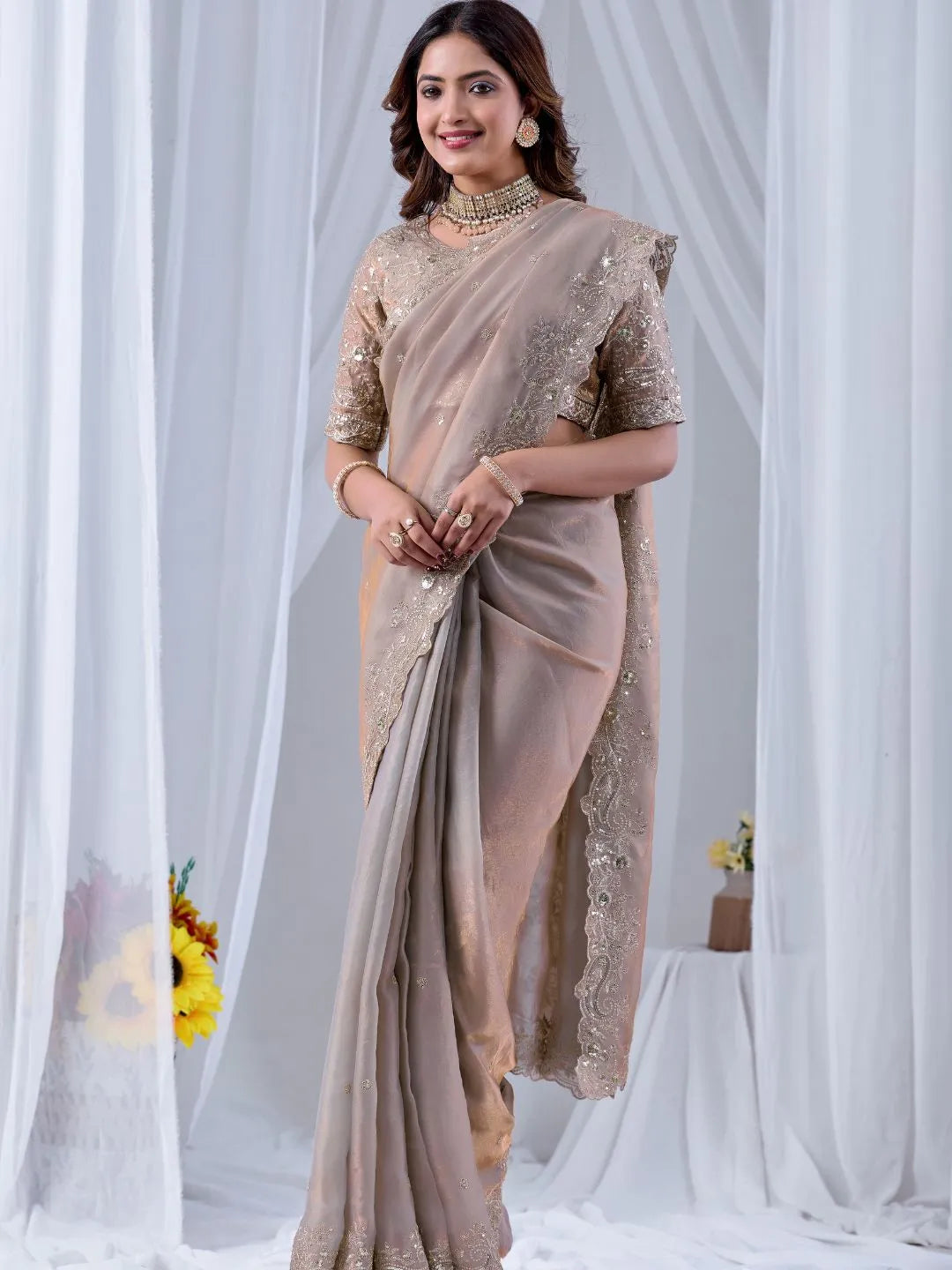 beige festive silk saree