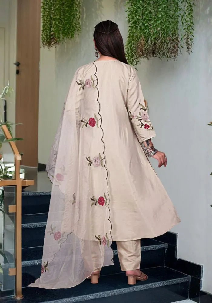 beige gulnaar embroidered chanderi silk kurta set