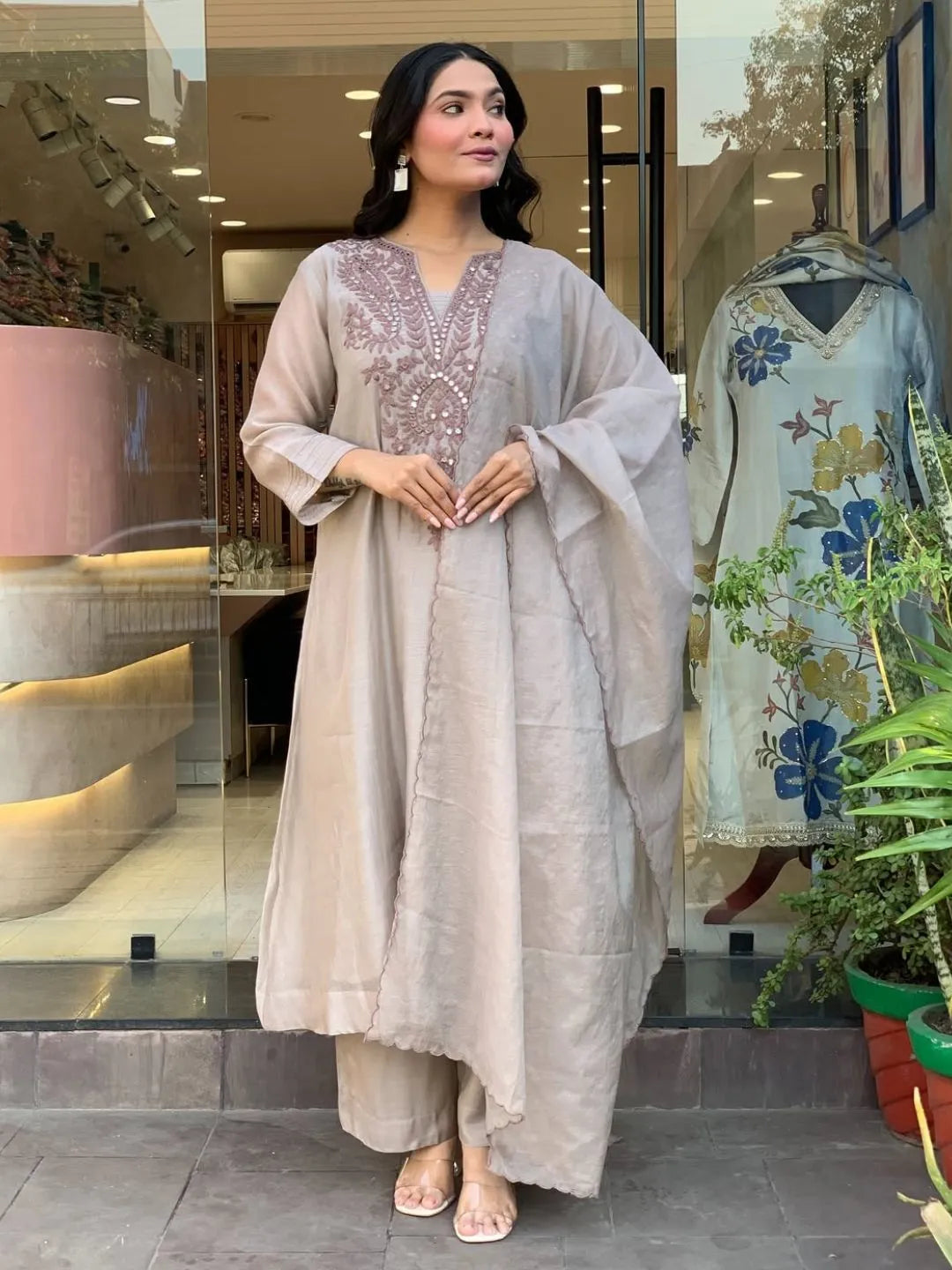 beige heavy embroidered cotton kurta set