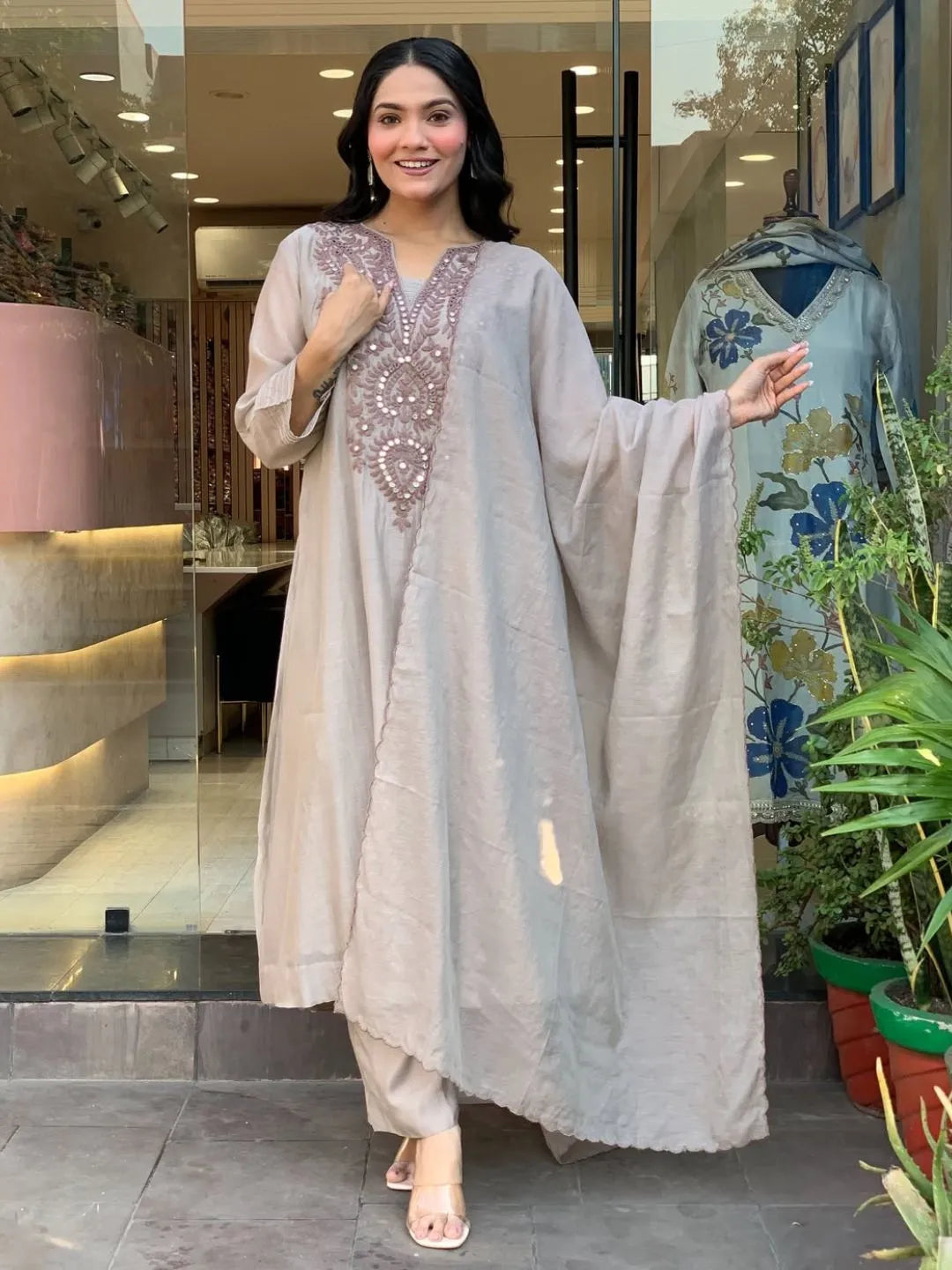 beige heavy embroidered kurta set
