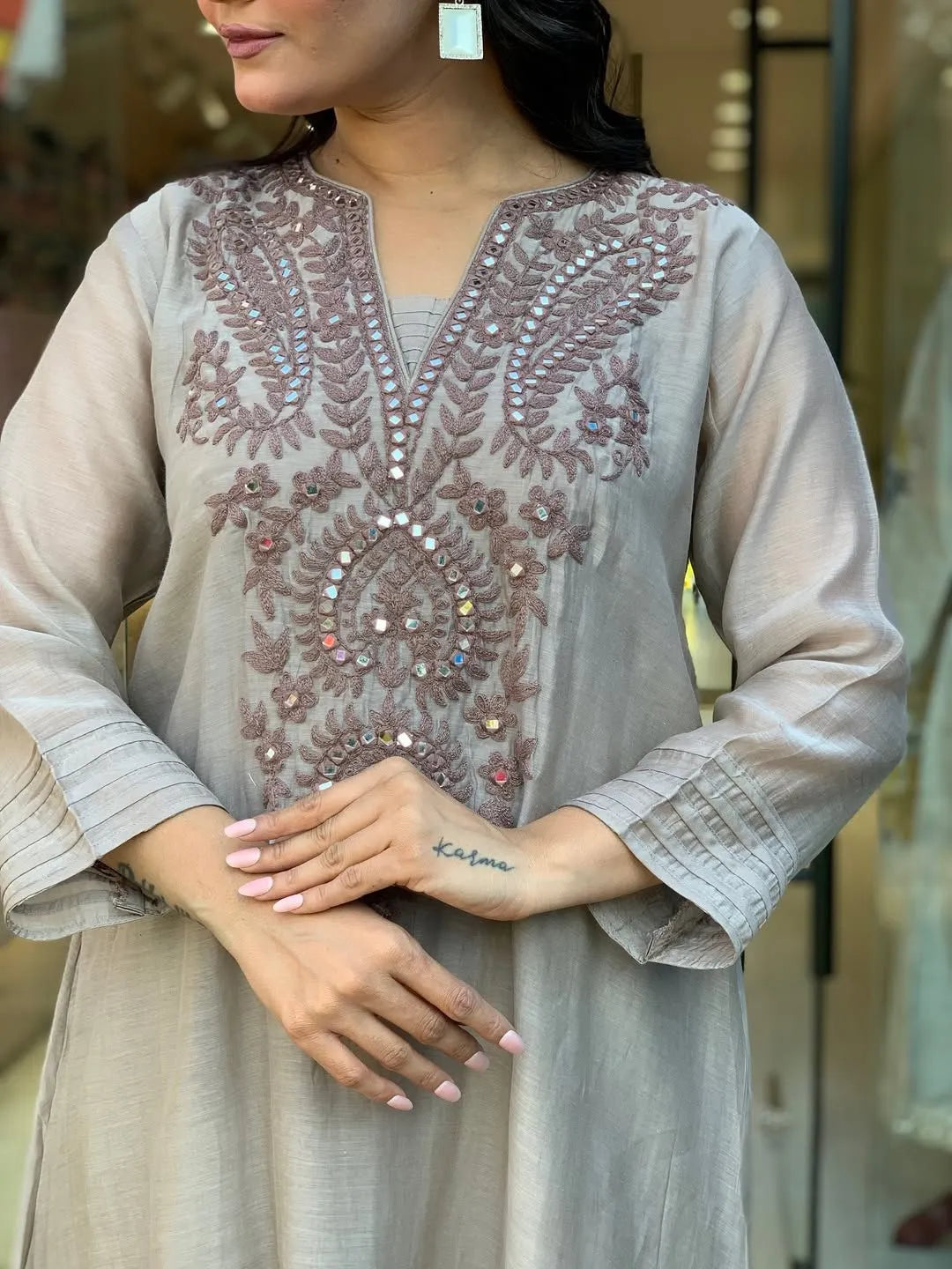 beige heavy embroidered kurta set