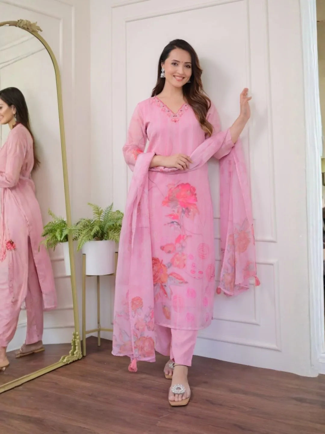 bloom premium organza printed kurta set