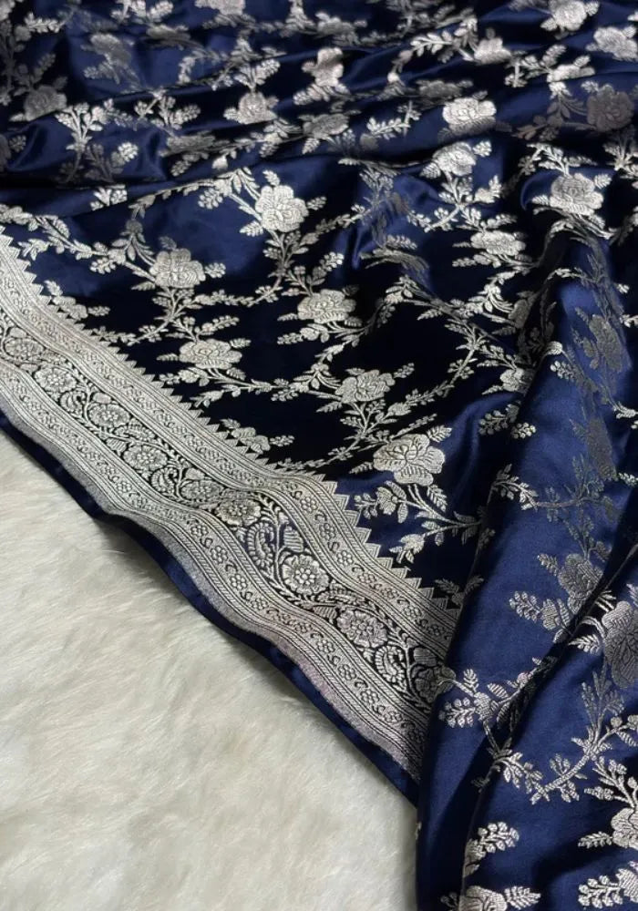 blue banarasi silk silver saree 