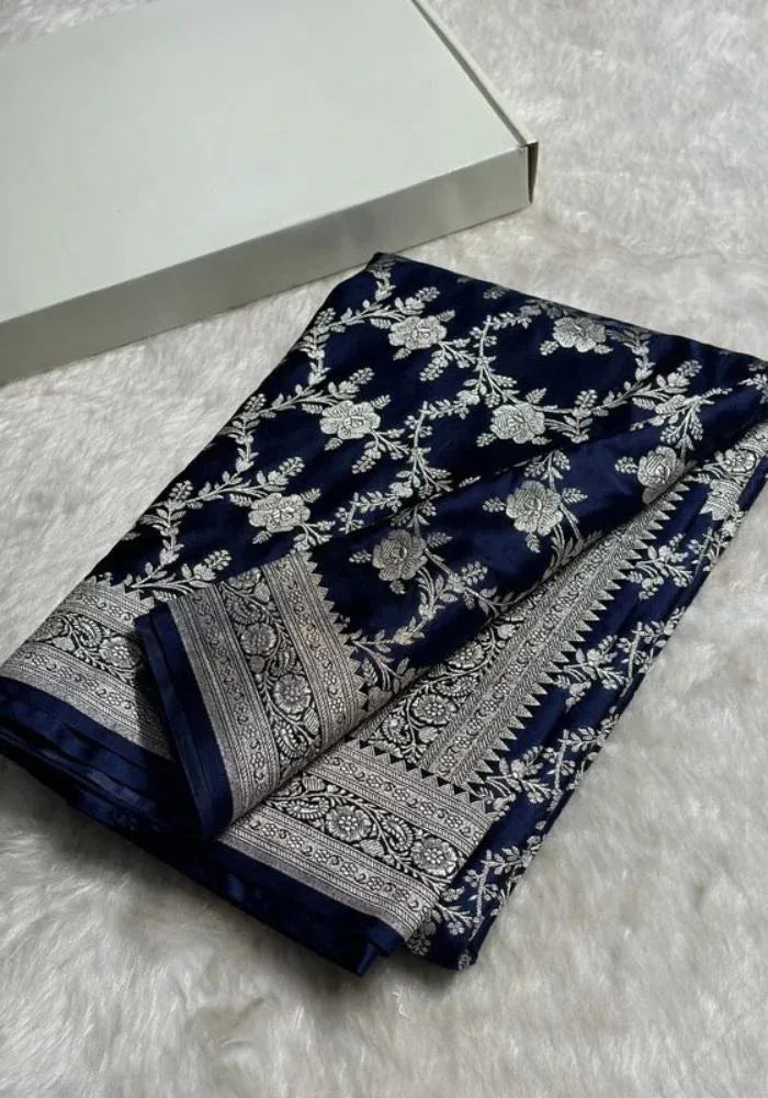blue banarasi silk silver zari saree