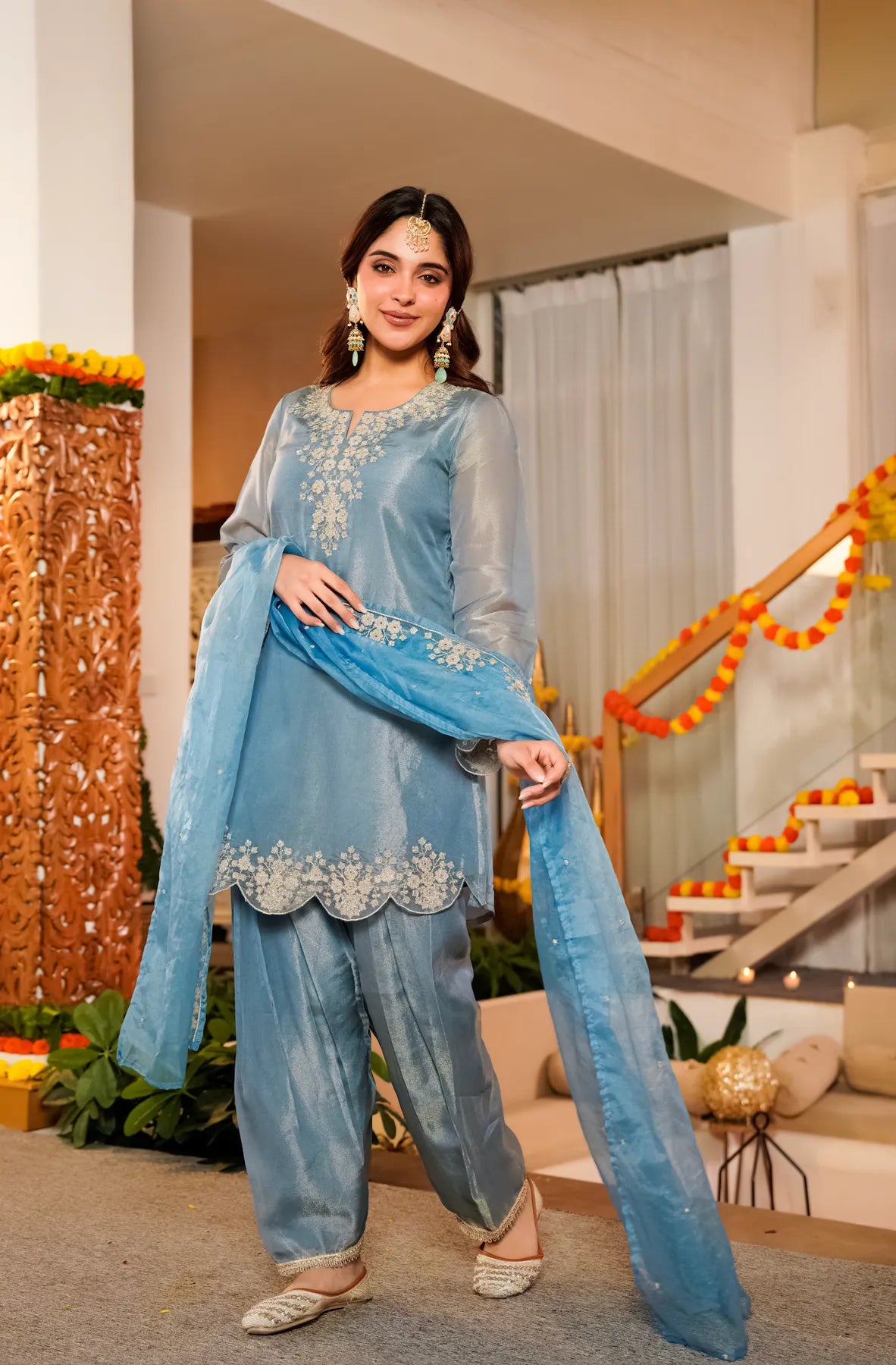 Blue Embroidered Tissue Suit