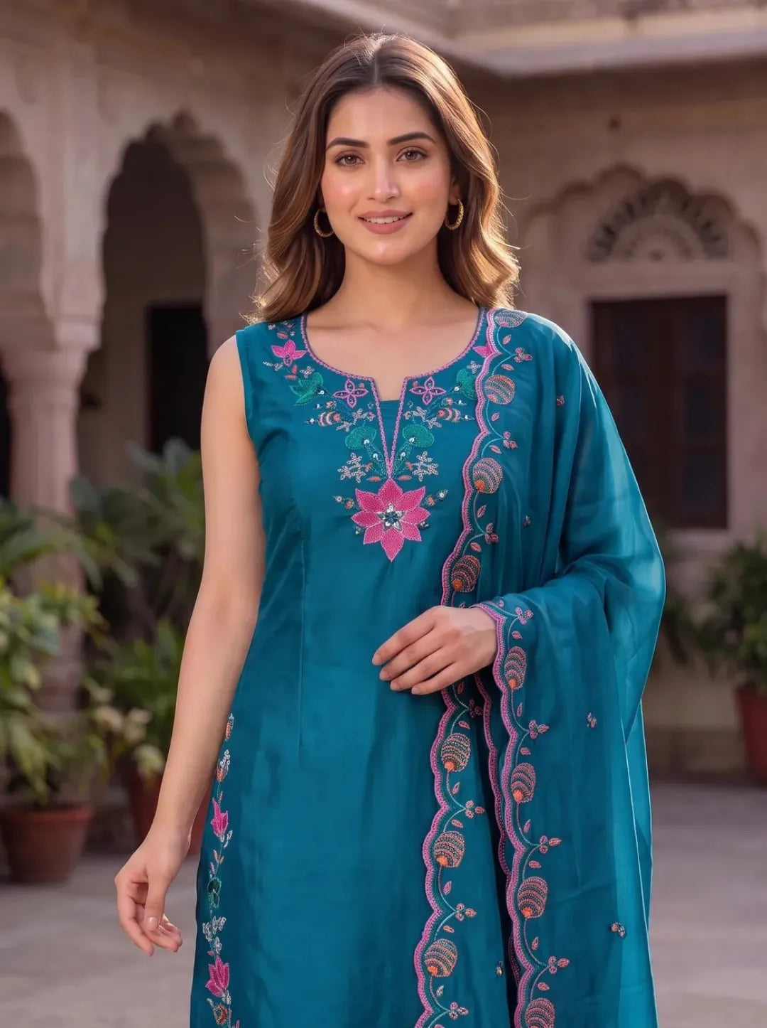 Blue Floral Embroidered Set