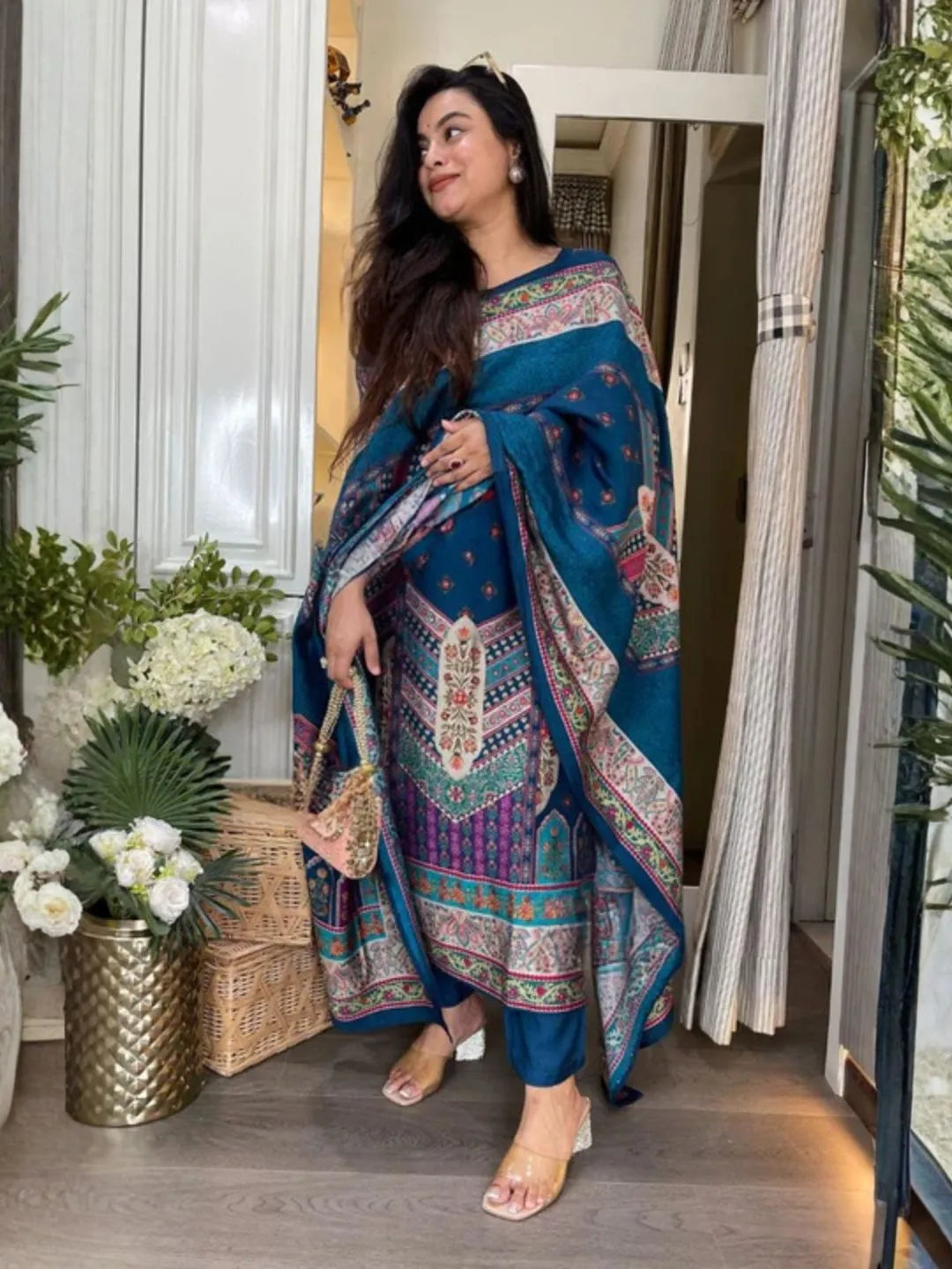 blue printed kurta set