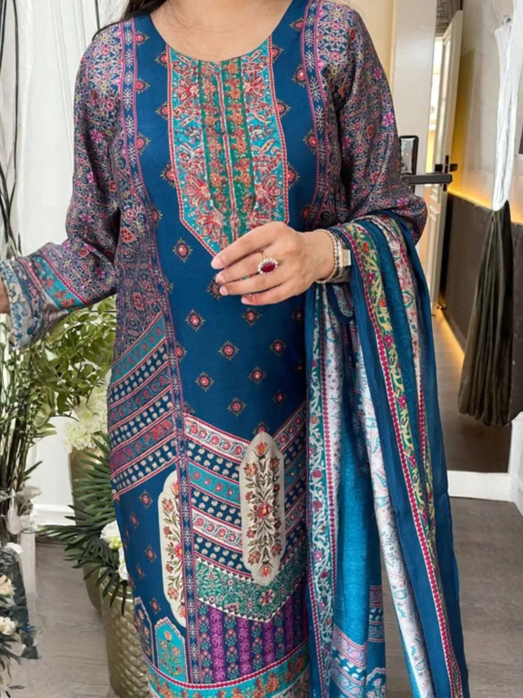 blue printed rayon kurta set online