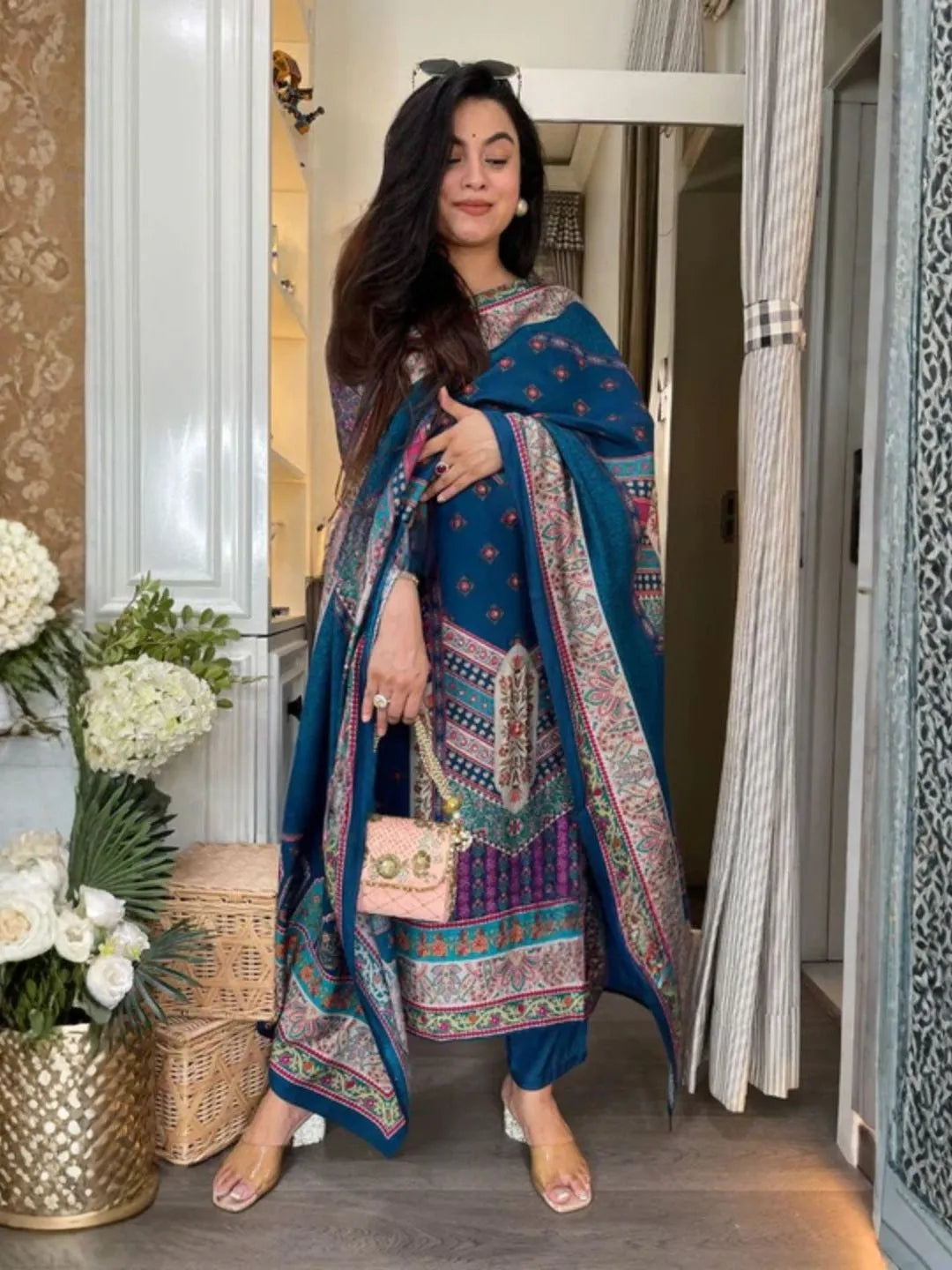 blue printed rayon kurta set