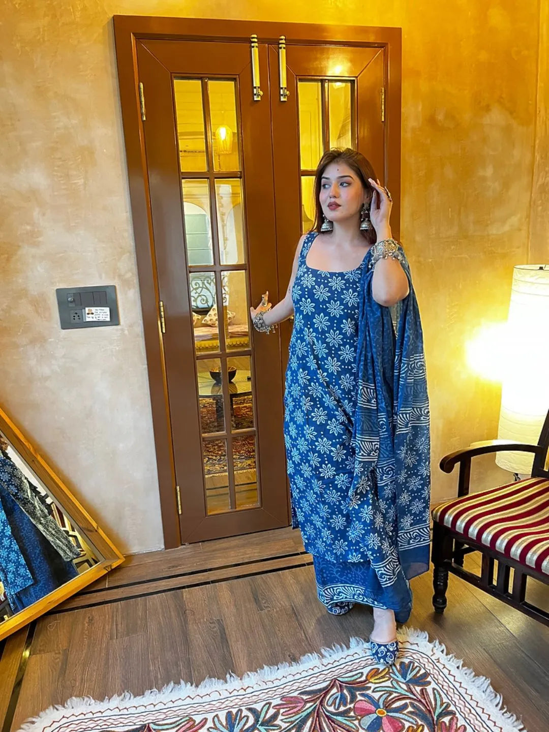 blue printed rayon slub kurta palazzo set