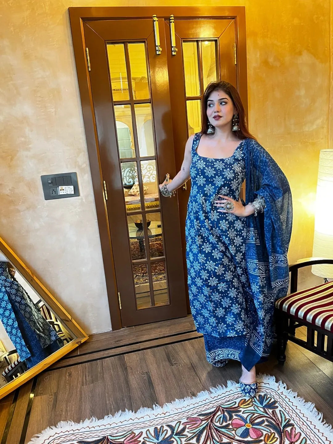 blue slub kurta palazzo set
