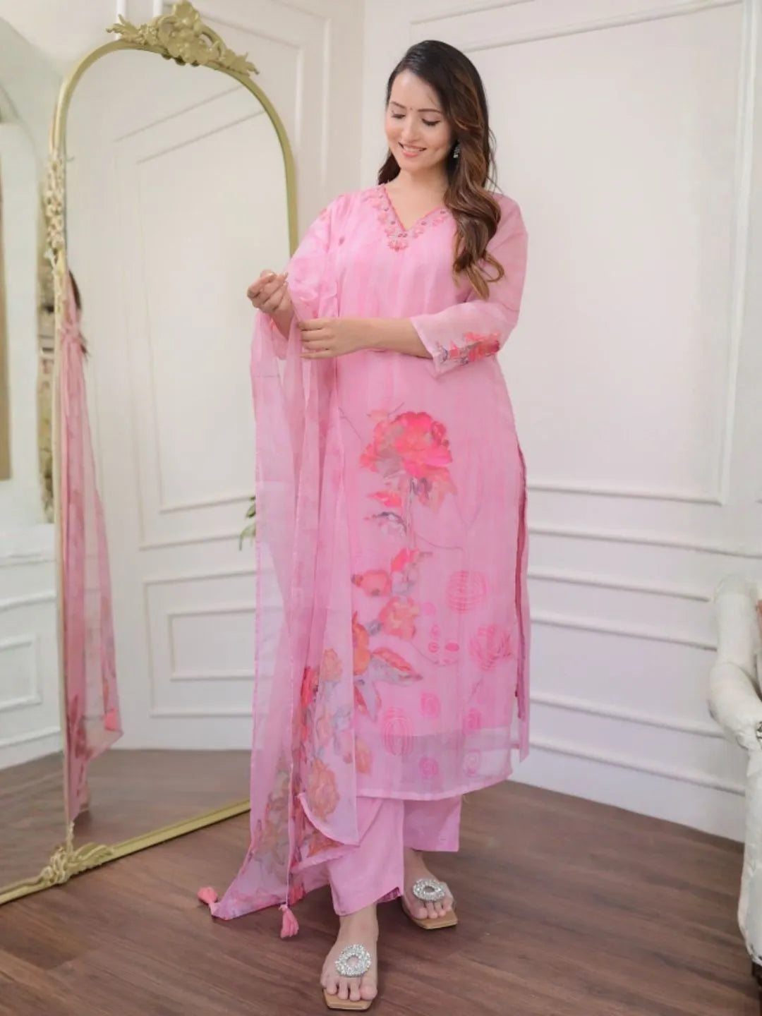 blush bloom premium organza printed kurta set